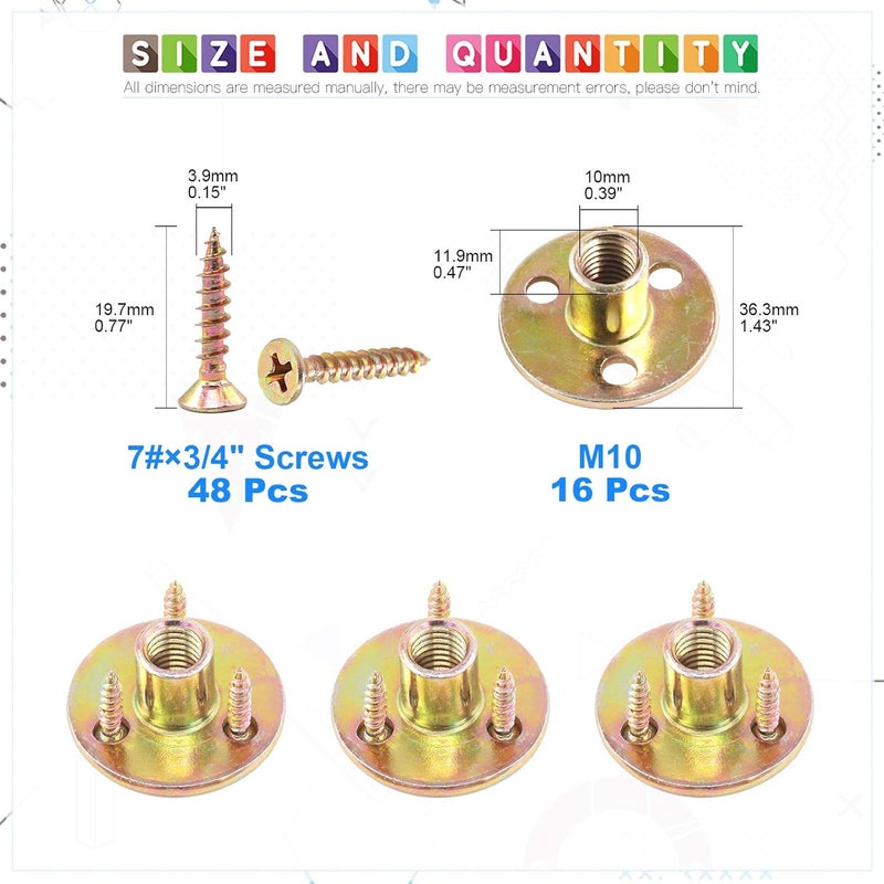 Glarks 64Pcs M10(3/8'') Brad Hole Tee Nut with Mounting Screws Set Zinc Plated Carbon Steel 3-Hole T-Nuts Furniture Hardware Flange Insert Female Thread for Wood Furniture - Image 2